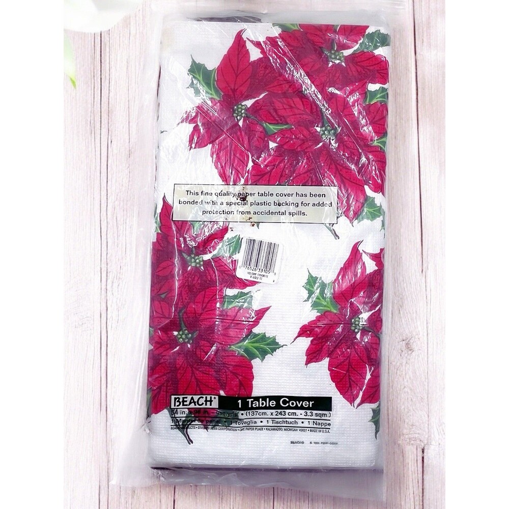 VTG Christmas Paper Table Cloth Red Poinsettias Holiday Table Cover 54”X96” NEW